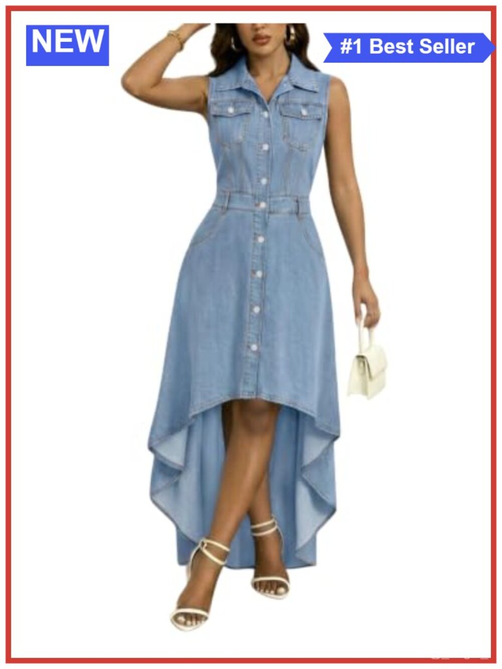 Sleeveless Denim Midi High Low Dress Button Down Collared Casual